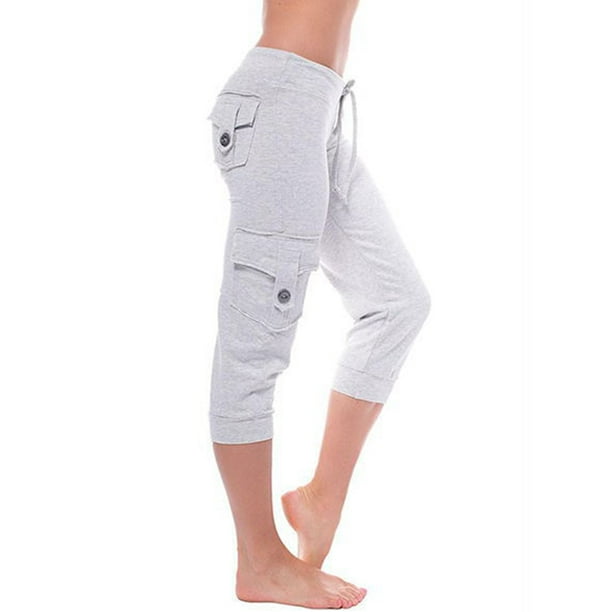 UKAP Women Bottoms Elastic Waisted Capris Pant Low Waist Capri Yoga Pants  Stretchy Holiday Trousers Gray XL 