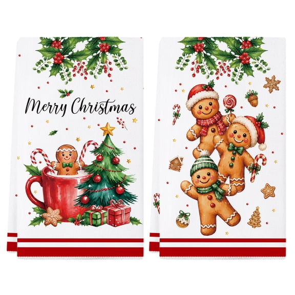 Christmas Kitchen Towels Set of 2, Gingerbread Man Kitchen Towels, Merry Christmas Dish Towels Set, Christmas Indoor Kitchen Decor, 18x26 inch, Polyester