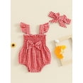 thumbnail image 3 of Musuos Baby Girl 2Pcs Summer Outfits 0-18Months Fly Sleeve Plaid Print Smocked Romper with Headband Set Newborn Clothes, 3 of 10