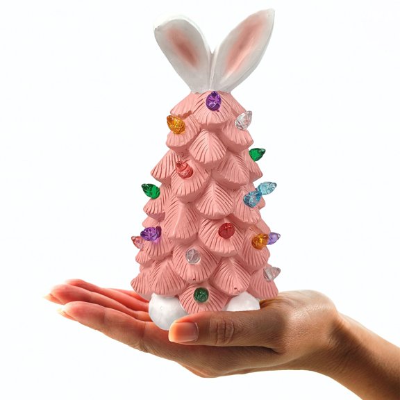 Easter Bunny Tree,Glowing Rabbit Tree Ornaments, Easter Decoration Ceramic Bunny Tree with Colorful LED Light Bulbs Battery Operated Bunny Tree Lamp Light(Pink 6*2.4in)