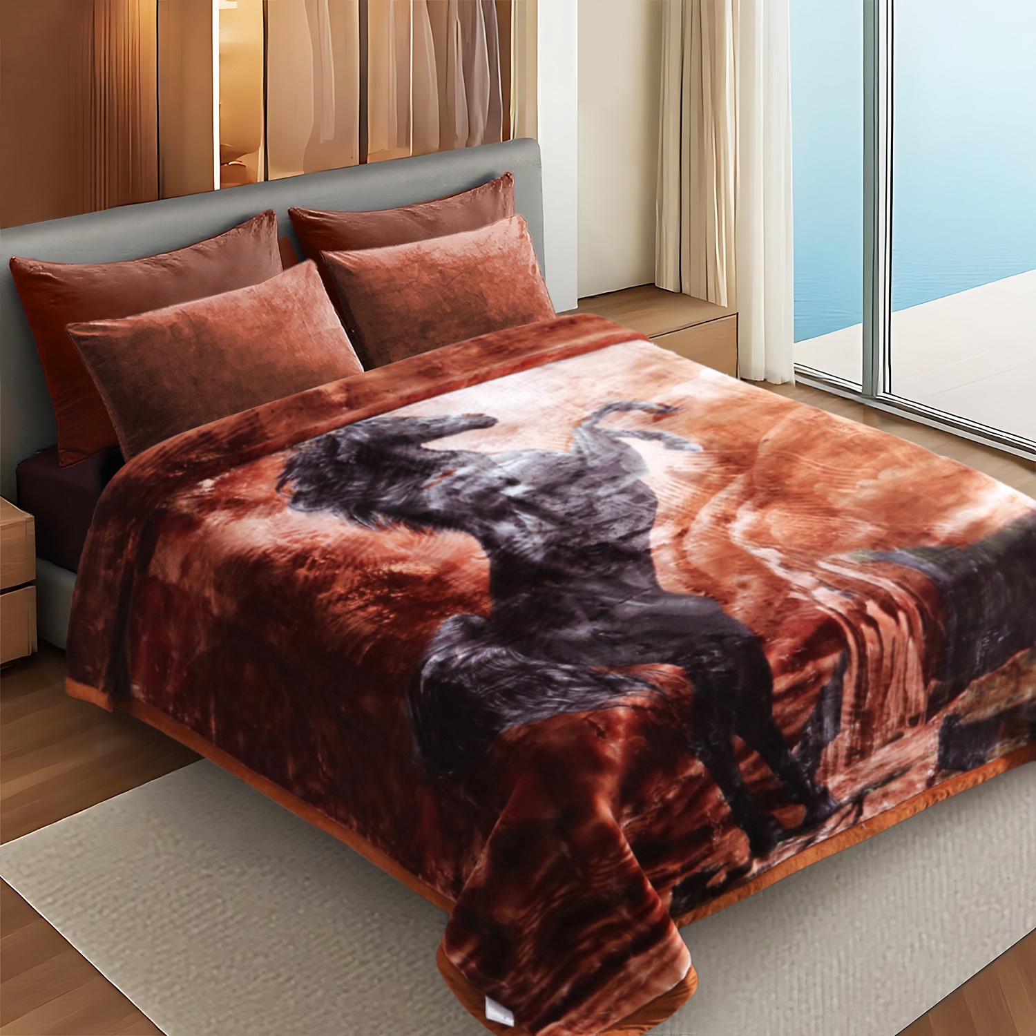 10lbs Heavy Thick A&B Pattern Blanket 2Ply Reversible - Thick Warm Plush Korean Style Bed Blanket, King Size Fleece Plush Blanket, Soft Winter Blanket For Adult 87" x 95", Tiger & Horse
