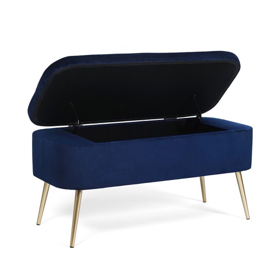 Homebeez Modern Velvet Storage Bench Ottoman with Padded Seat and Golden Metal Legs, Blue