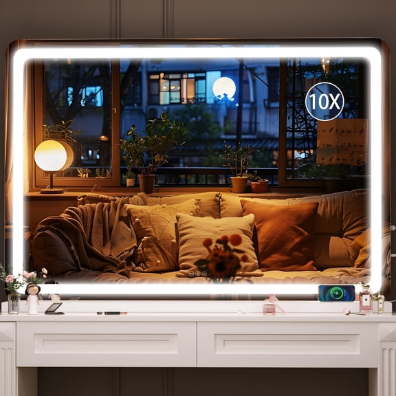 Hasipu 47" x 30" LED Vanity Mirror with Touch Screen Control Lighted Makeup Mirror with Dimmable 3 Modes Round White Frame
