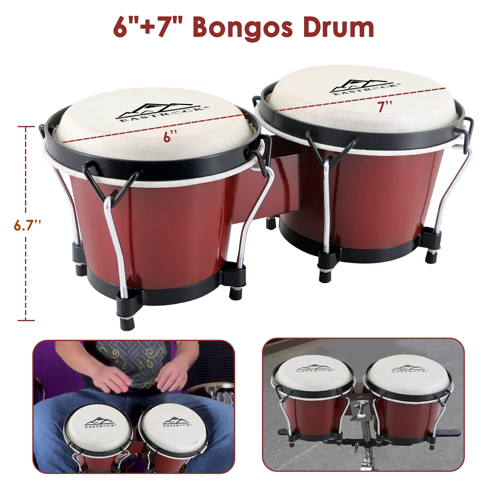 EASTROCK Bongo Drum 6” and 7” Bongos Set for Adults Kids Beginners Professionals Tunable Wood and Metal Drum Percussion Instruments with Bag and Tuning Wrench（Red)