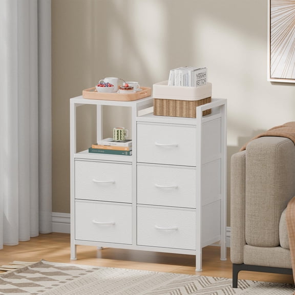 TYDIMOR 5 Drawer Fabric Dresser for Bedroom, White Chest for Closet & Living Room, Ideal for Adults