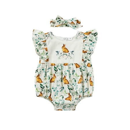 

Thaisu Baby girl summer one-piece dress cotton flying sleeve round neck rabbit print dress with briefs + headband，0-18M
