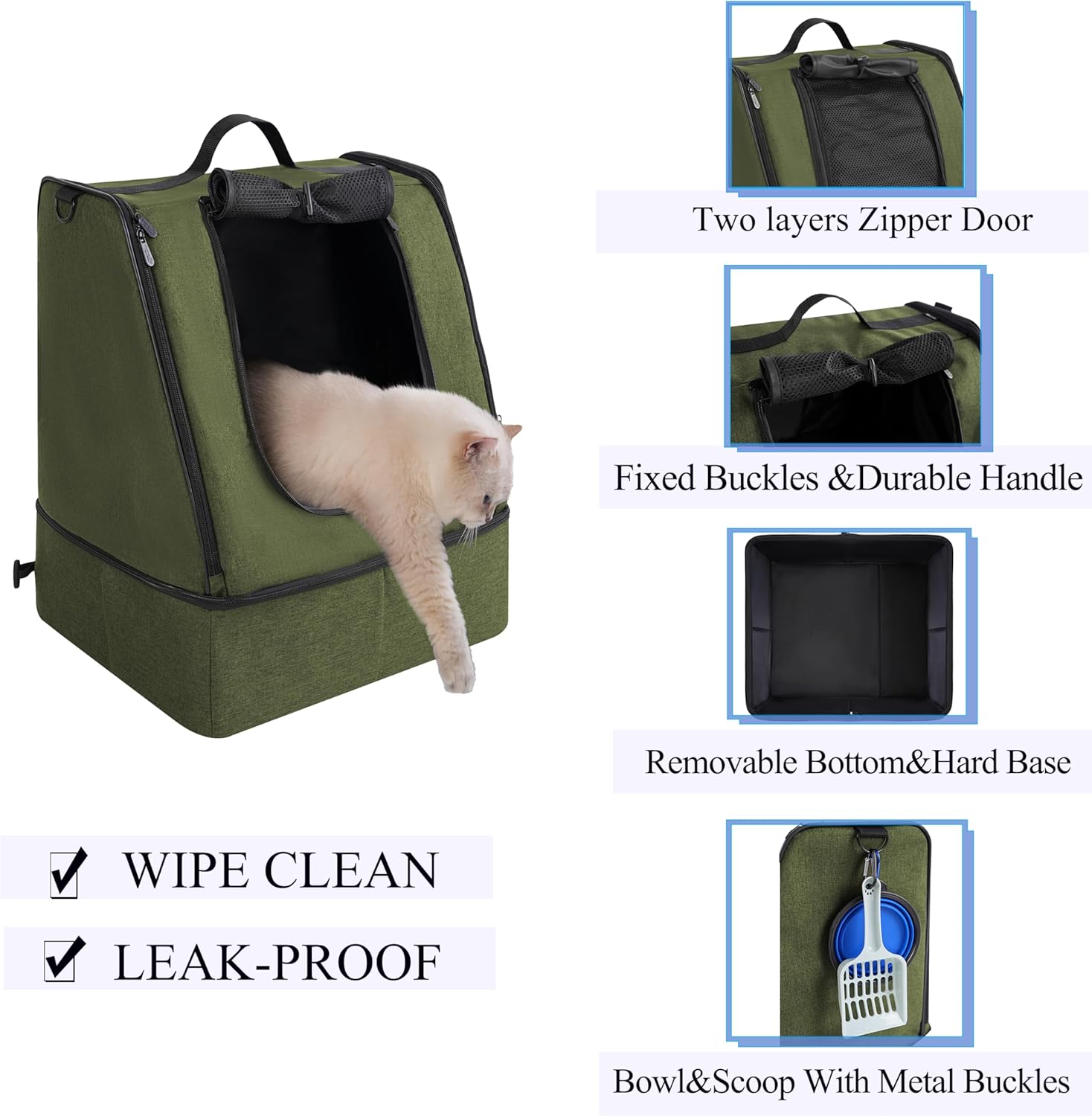 Portable Cat Travel Litter Box with Zipped Waterproof Bag,No Collapse with Hard Base Insert at Bottom, No Leakage, No Smell, Easy to Carry, Easy to Use in Hotels