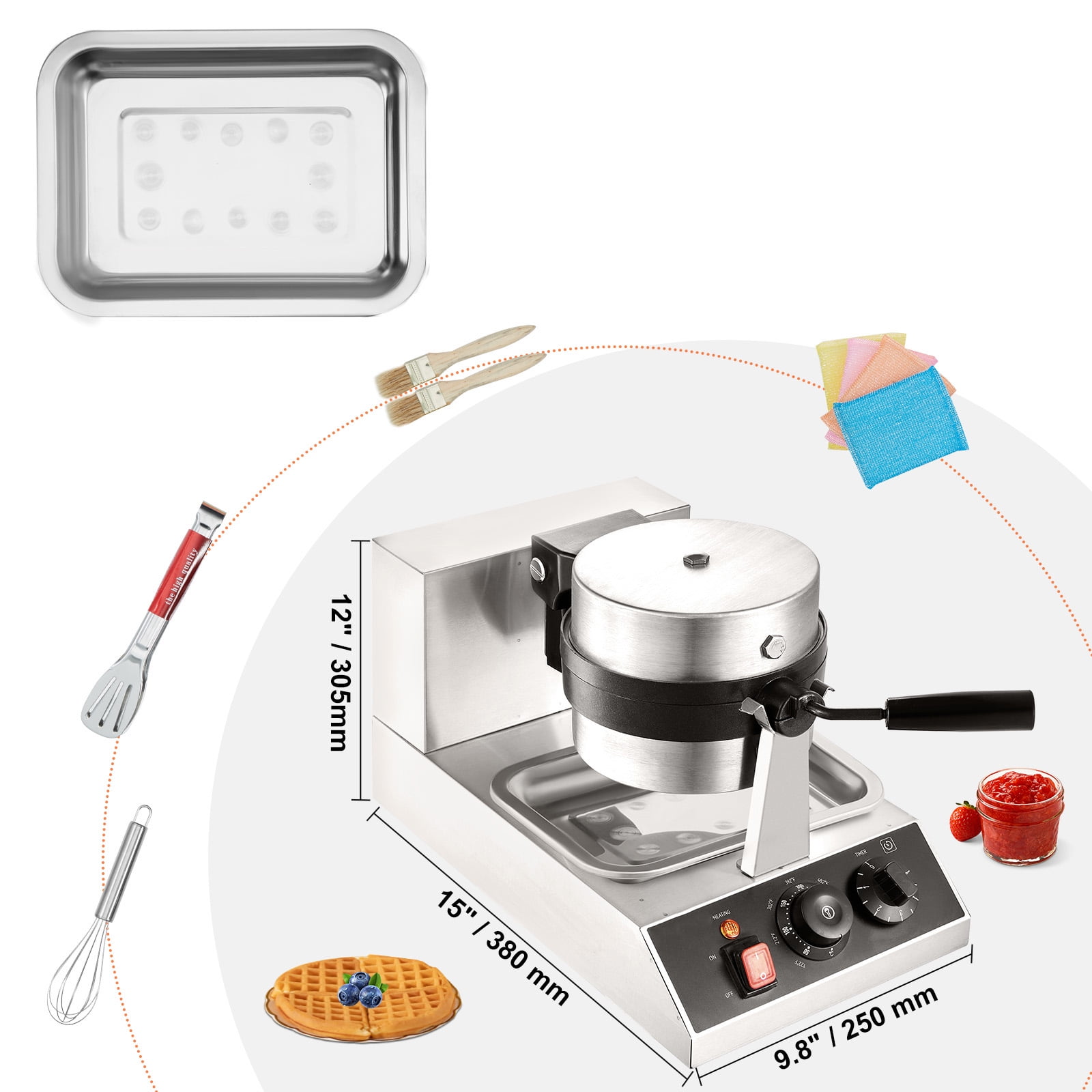 VEVOR Commerical Round Waffle Maker 1300W Rotatable Non-Stick Waffle Iron 120V