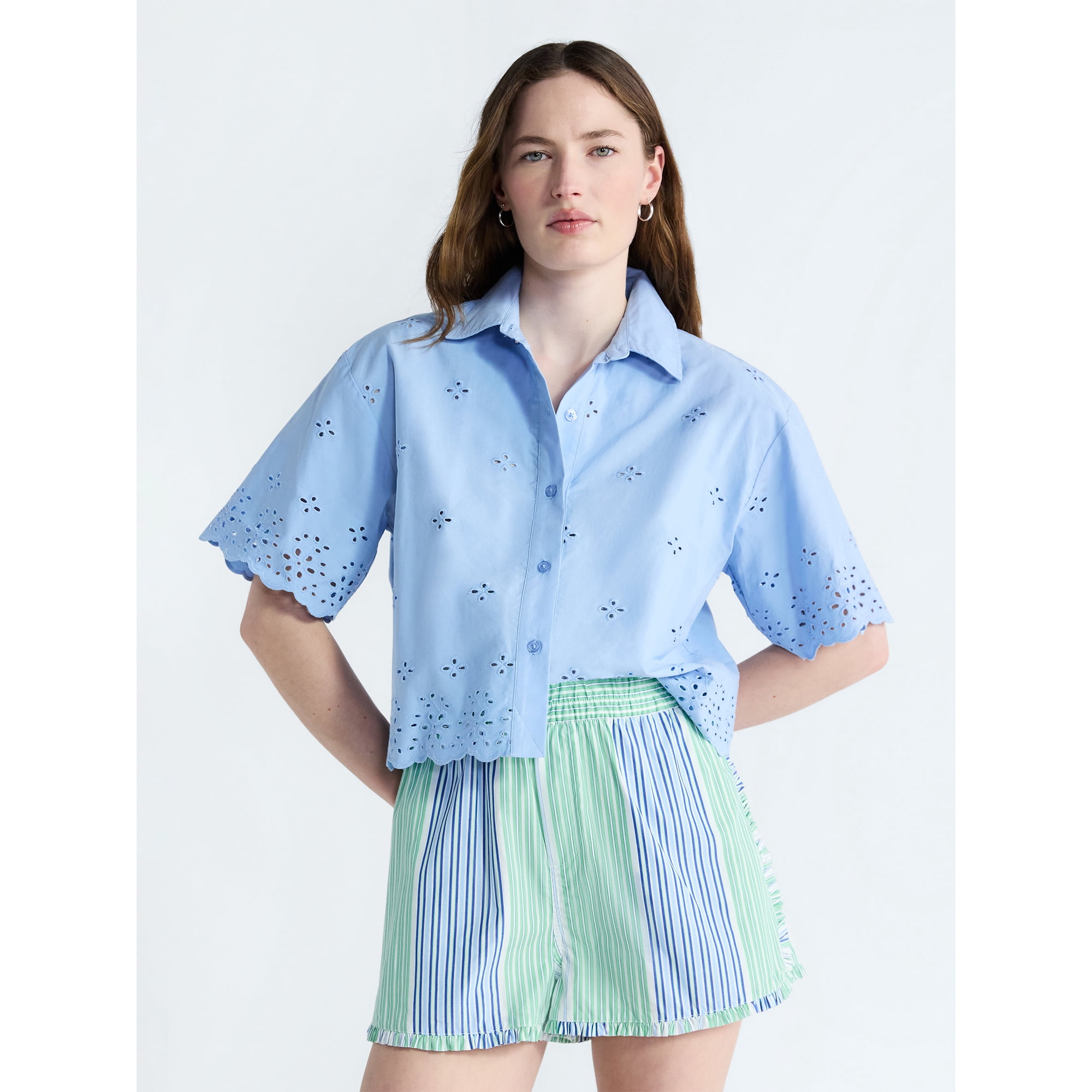 Free Assembly Women's and Women's Plus Cropped Cotton Eyelet Shirt, Sizes XS-4X
