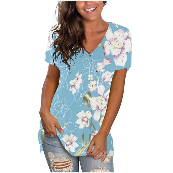 USSUMA Short Sleeve Womens Blouses and Tops Dressy Daisy Print Plus Womens Tops Casual Bohemian Retro Basic Flowy T-Shirts Shirt for Women Trendy V Neck Tunic Plus Size