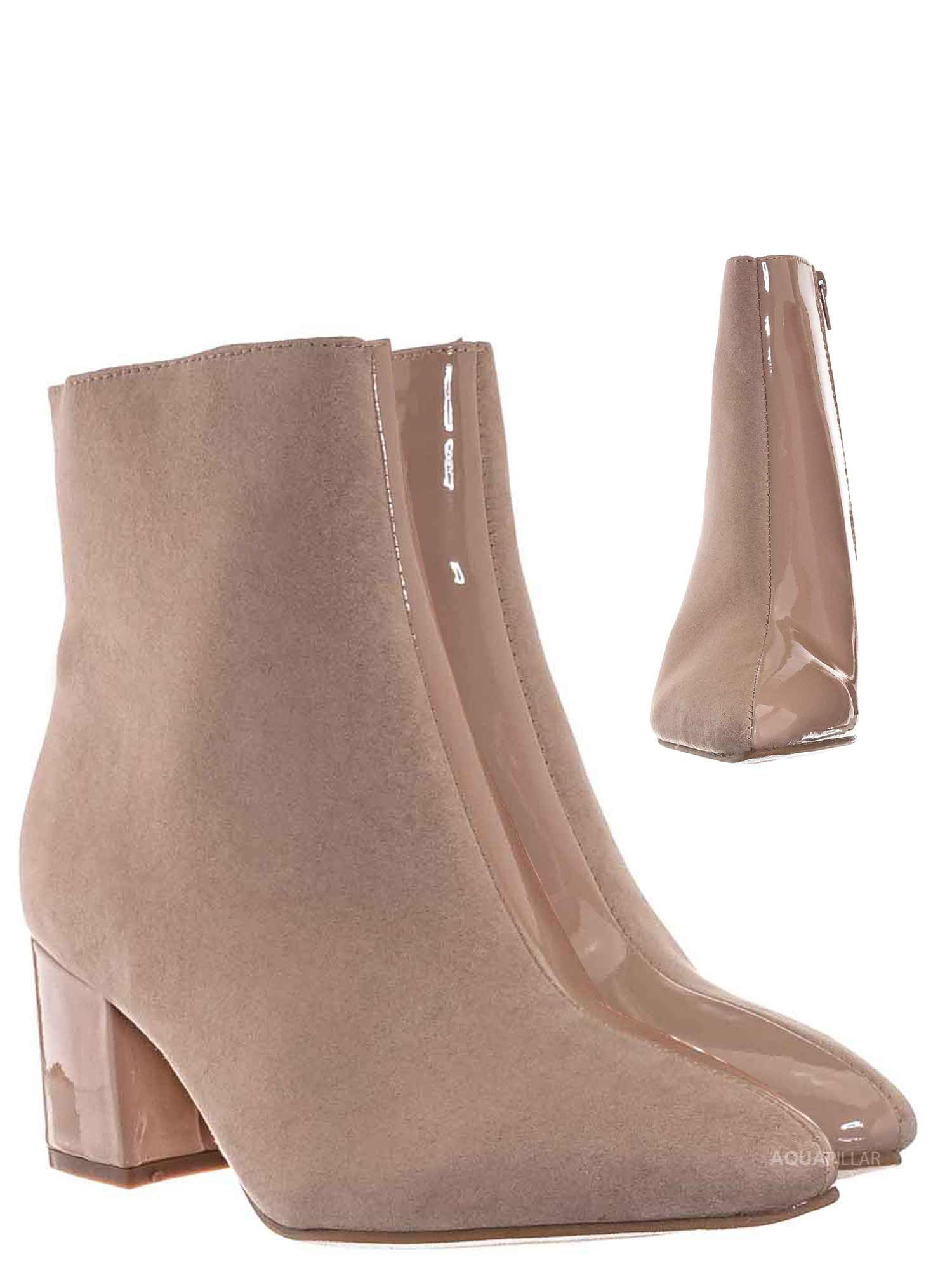 Womens Trendy Inside Zip Up Pointed Toe Dressy Booties Block High Heel Ankle Boots with Zipper Beige