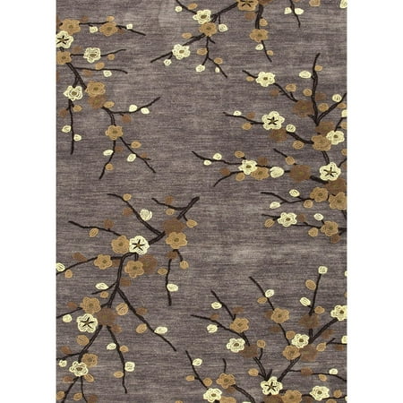 - 3.5' x 5.5' Pale Yellow, Dark Gold and Gray Modern Cherry Blossom Hand Tufted Polyester Area Throw Rug