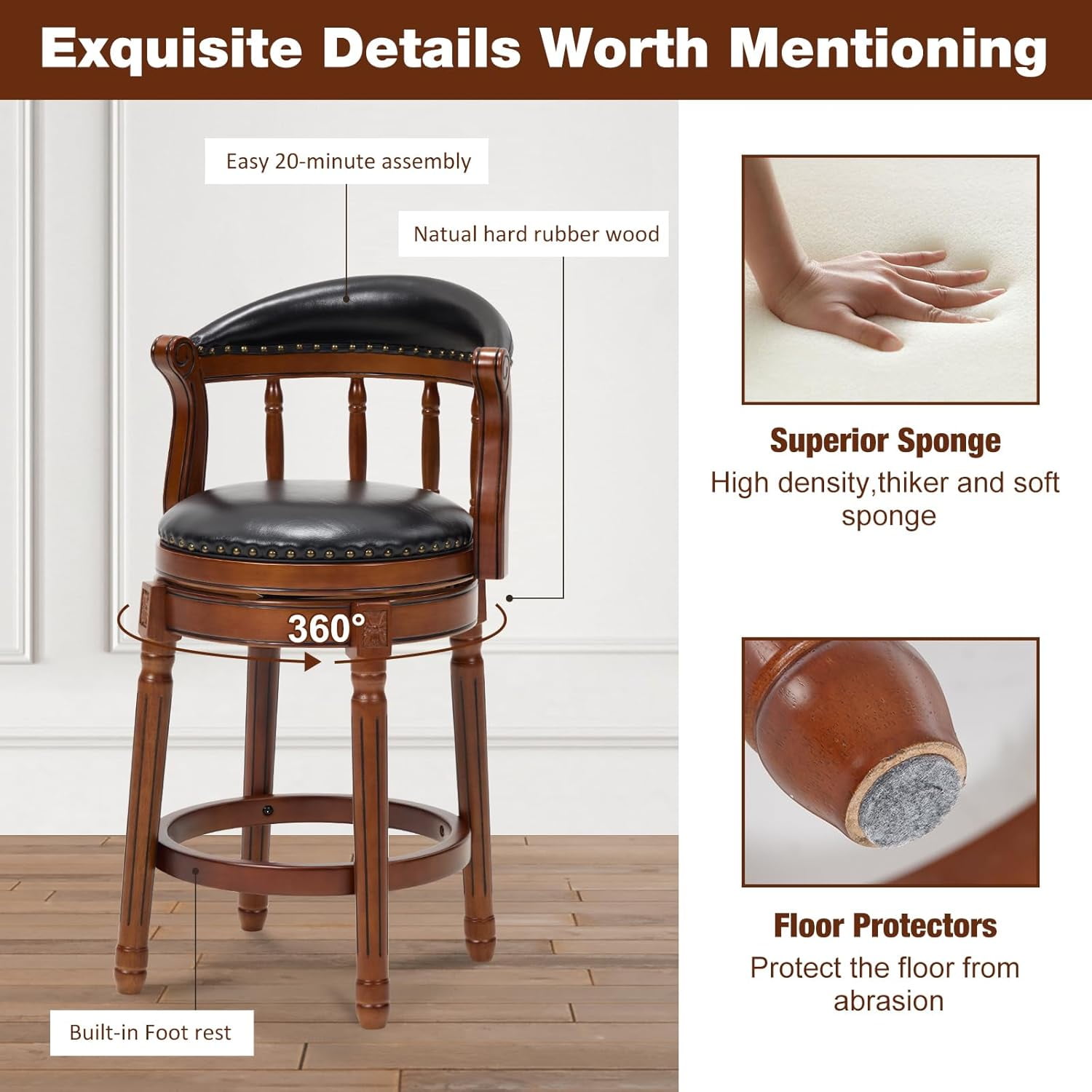 AULIFE Bar Stools Mid-Back Modern Swivel Barstools,Kitchen Counter Genuine Leather Upholstered Island Barstool with Footrest for Home Kitchen Dining Room