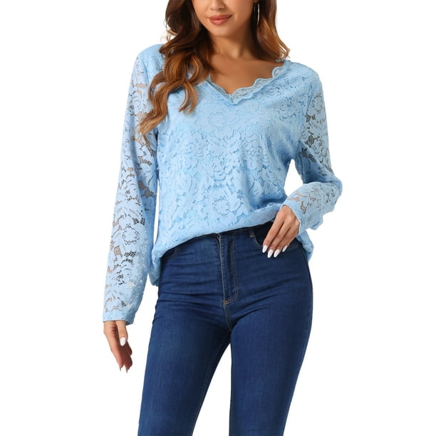 INSPIRAR CHIC Día de San Valentín Blusa de Encaje Floral de Manga Larga con Escote en V y Detalle de Encaje XS Azul Cielo