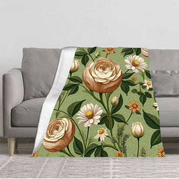 Vintage Floral Pattern Flannel Blanket - Soft Warm Cozy for Sofa Travel Bed & Chair - Intricate Brown & White Roses on Green