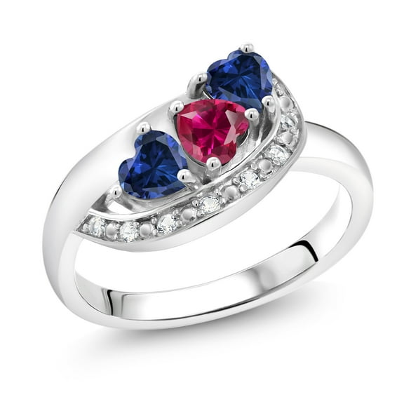 Gem Stone King 925 Sterling Silver Red Created Ruby Blue Created Sapphire and White Created Sapphire Engagement Ring for Women (1.36 Cttw, Heart Shape 4MM, Size 8)