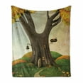 thumbnail image 1 of Tree Soft Flannel Fleece Throw Blanket, Style Cosy Tree Trunk House with Defoliated Autumn Leaves Piles, Cozy Plush for Indoor and Outdoor Use, 50" x 60", Sepia and Lime Green, by Ambesonne, 1 of 6