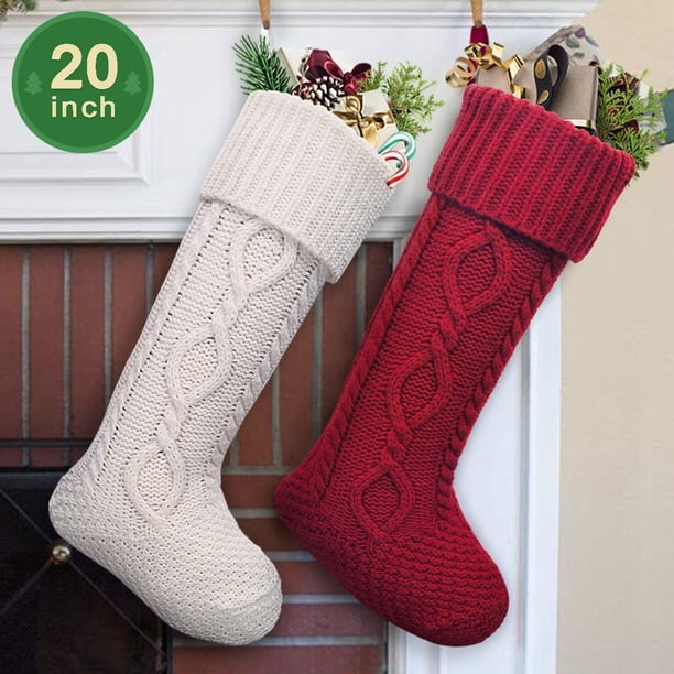 Medias de Navidad, 2 paquetes de 20 pulgadas de tamaño grande con cable, medias rústicas de Navidad para decoración de temporada de vacaciones familiares, blanco o rojo Adepaton CJWUS-1868