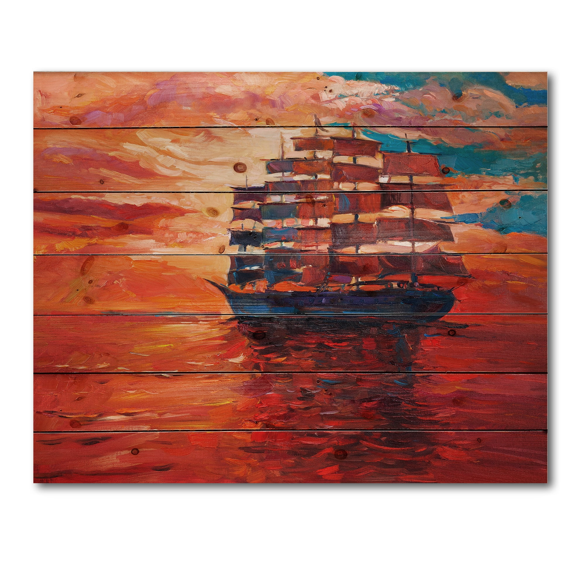 Designart 'Frigat During Red Evening Glow On The Ocean Horizon' Nautical & Coastal Print on Natural Pine Wood