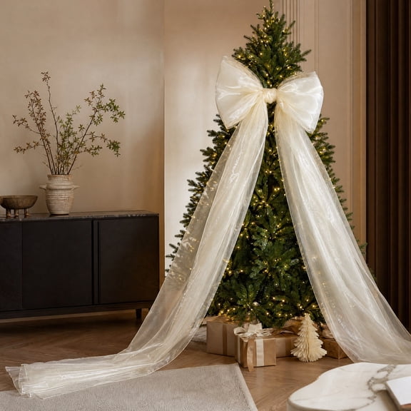 Euahivb Christmas Giant Sheer Bow with Flowing Mesh Train 78.7x19.7in, Sparkling Tree Top Decoration, Elegant Oversized Statement Piece for Holiday Display and Festive Ambiance