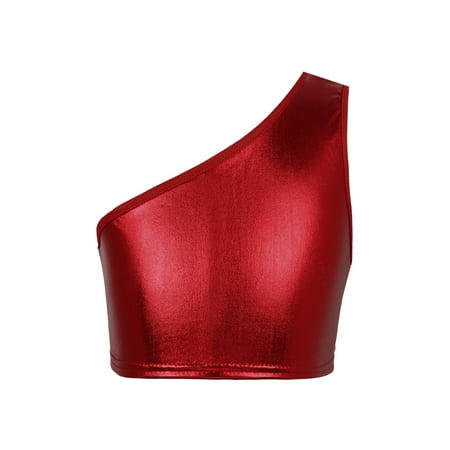 Moggemol Kids Girls One Shoulder Sports Bra Shiny Metallic Workout Yoga Crop Vest Dancewear Top Red 130-140