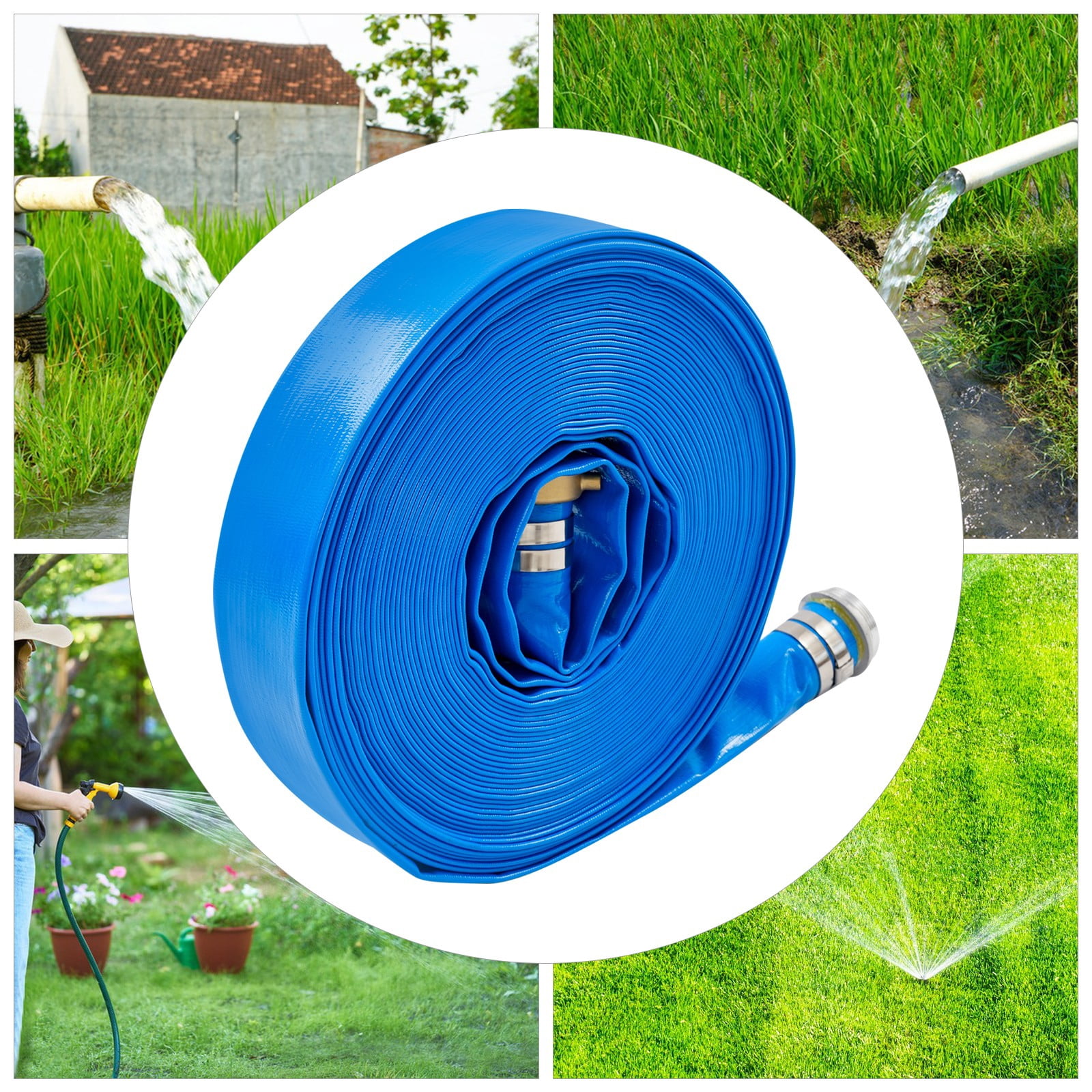 Blue Heavy Duty Water Discharge Hose, Polyester Fibre & PVC Material, 90PSI Working Pressure, 2 Inch Inner Diameter 100FT Flexible Irrigation Pipe