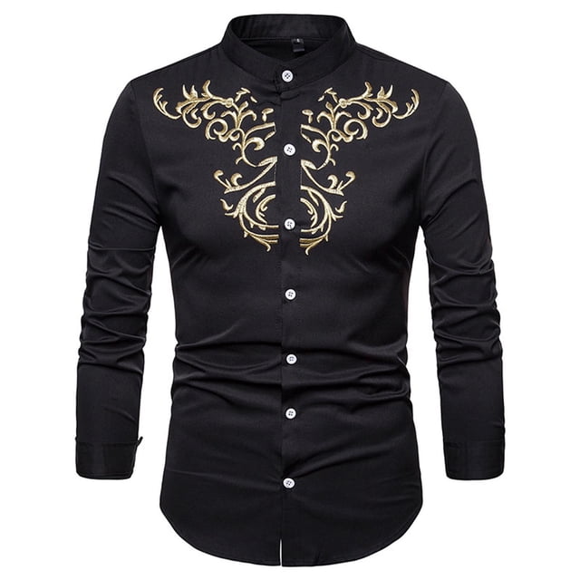 Camisas de Vestir de Cuello de Banda de Manga Larga Con Bordado Floral Casual Para Hombres Odeerbi ODB-6