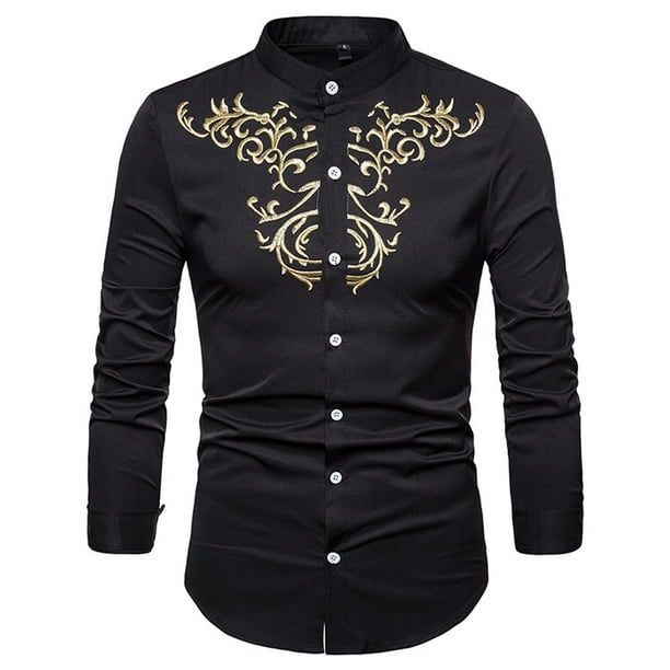 Camisas de Vestir de Cuello de Banda de Manga Larga Con Bordado Floral Casual Para Hombres Odeerbi ODB-6