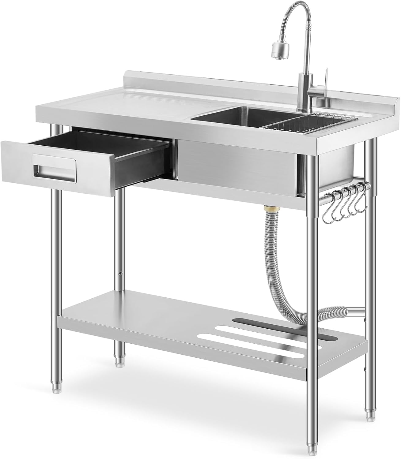 Ataucjin Stainless Steel Laundry Utility Sink, Freestanding Single Bowl Kitchen Sink with Hot & Cold Water Faucet, Built-In Wash Board, Drawer, Drain Basket, Dish Rack for Laundry Room, Garage