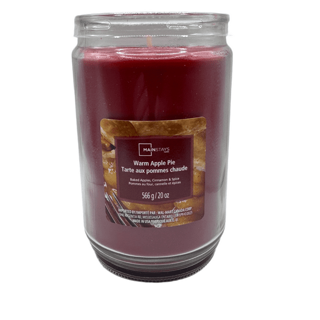 Red warm apple pie scented single-wick candle in a clear glass jar, 20 oz by MAINSTAYS.