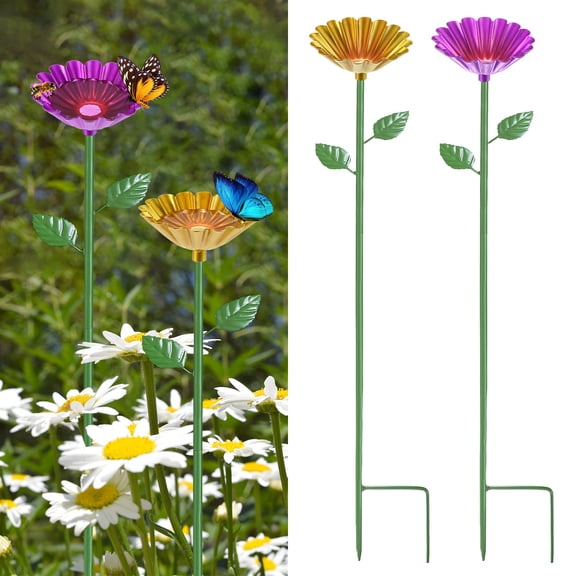 Uxcell 2-Pack Bee Watering Station, 64cm/25 Inch Iron Bee Bath for Garden Water Feeder, Colorful Butterfly Bath Bowl for Outdoor/Garden/Yard Decor [Yellow/Rose Red]