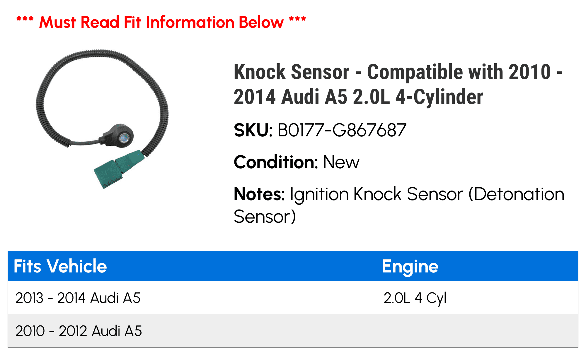 Knock Sensor - Compatible with 2010 - 2014 Audi A5 2.0L 4-Cylinder 2011 2012 2013