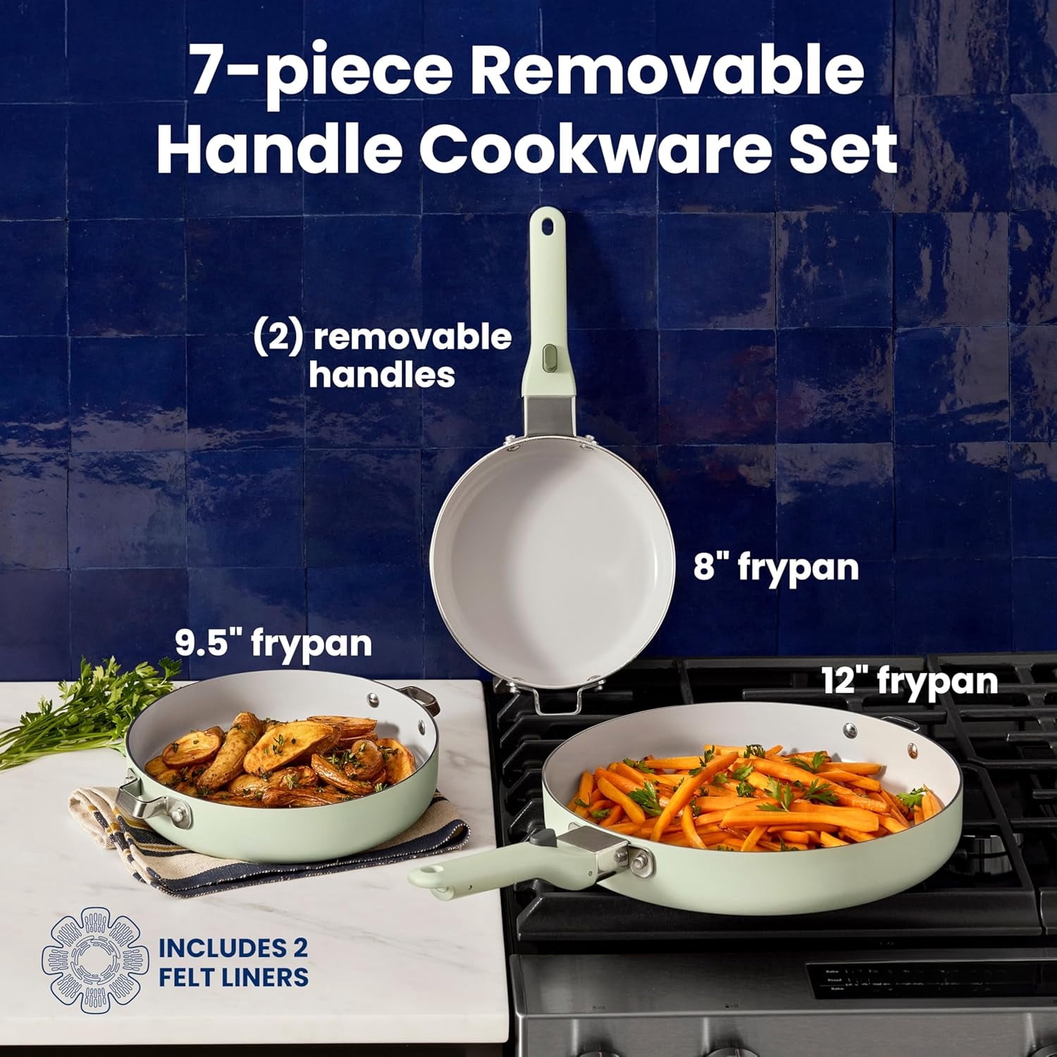 Ceramic Cookware Set 7-Piece with Removable Handles, Induction Compatible Fry Pans, Nonstick and Oven Safe, Sage Green