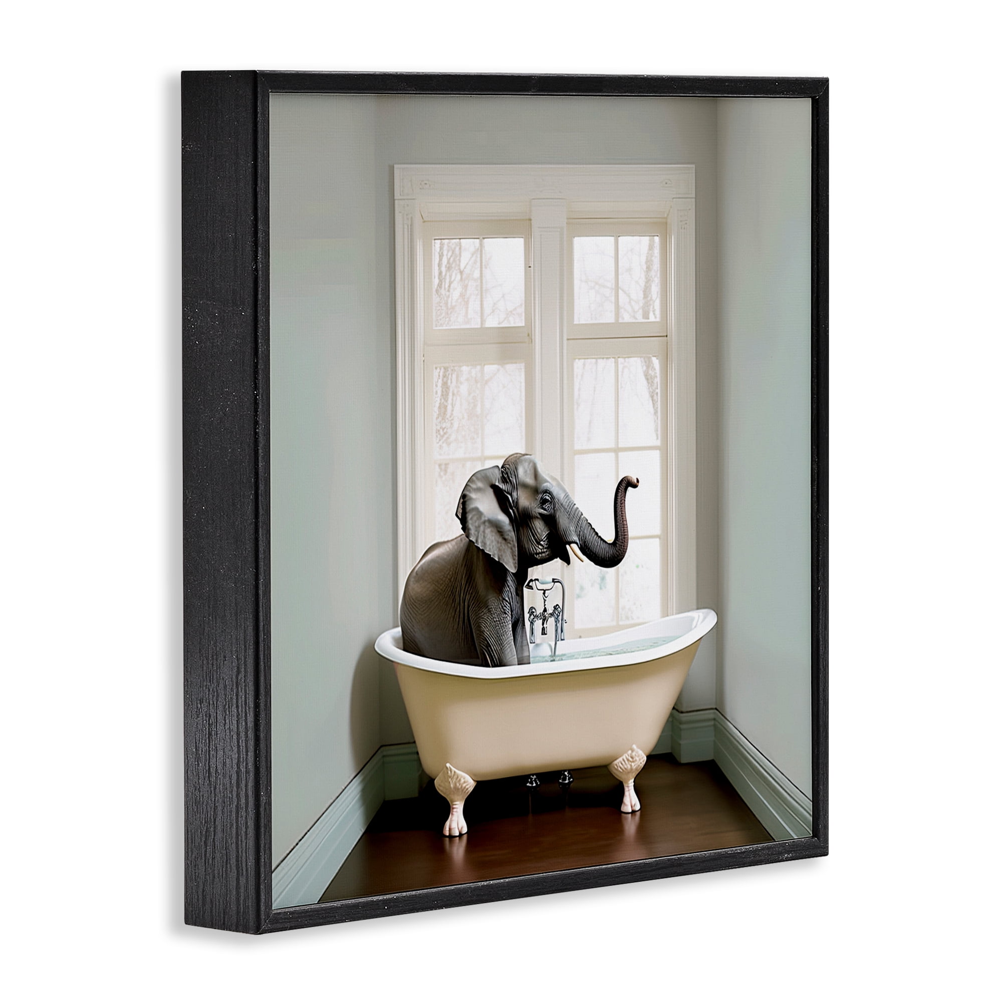 Minimal Elephant Bathtime Black Framed Giclee Art, design by Sasha