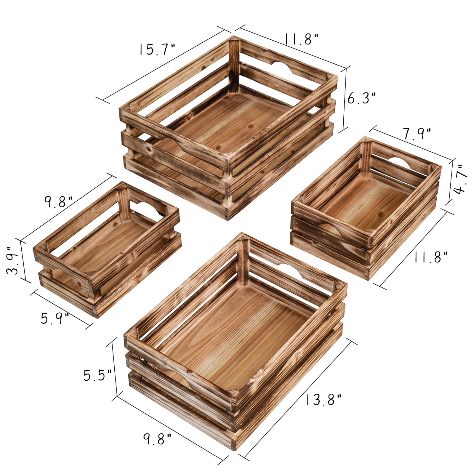 MODE HOME Set of 4 Large Torched Wood Decorative Storage Crates, Nesting Wooden Crates for Display Rustic, Farmhouse Wooden Storage Container Boxes Made from Solid Wood
