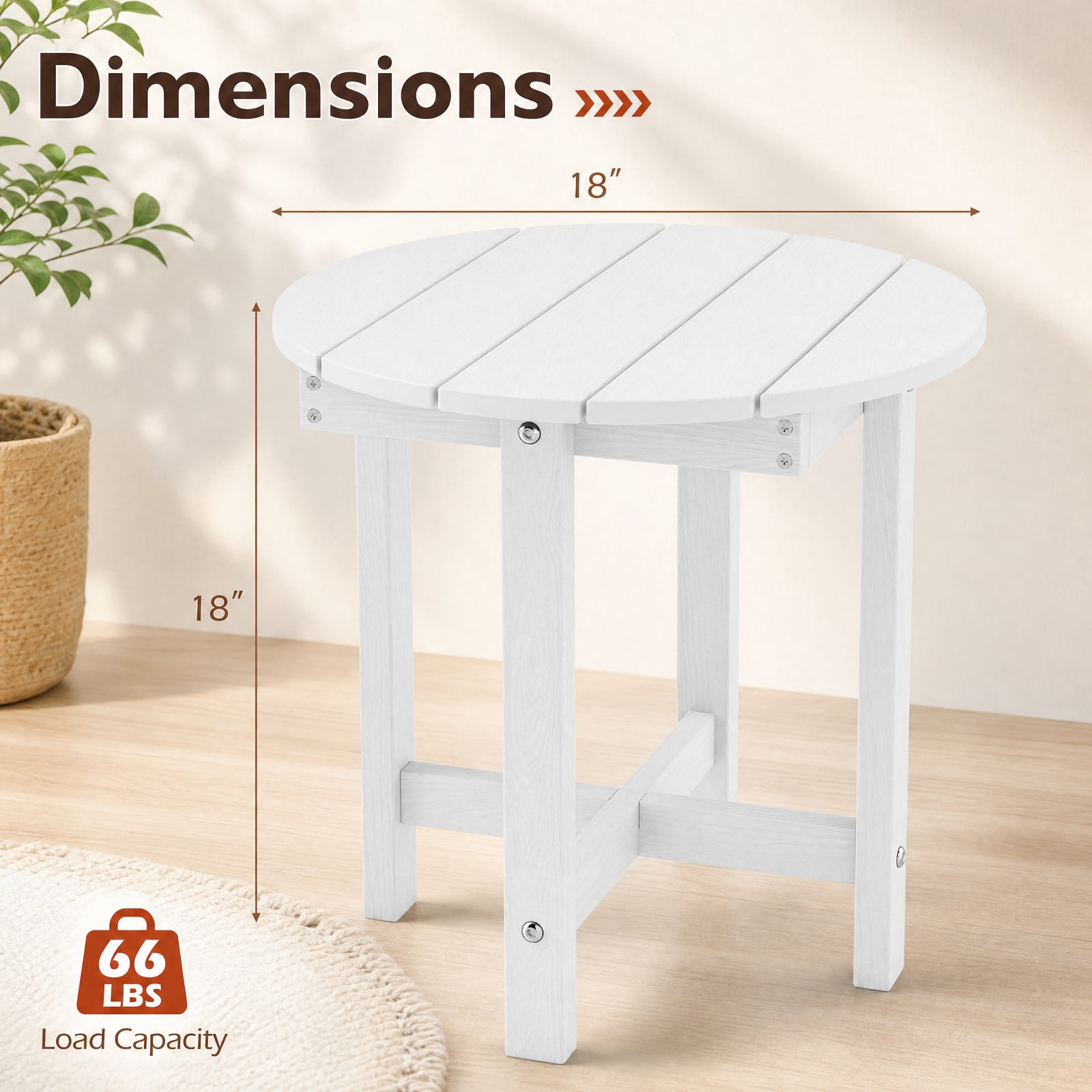 Biotree 18 Inch Adirondack Side Table Outdoor, All-Weather HIPS End Table with Wood-Grain Slatted Top and X-Base for Deck Porch Poolside, White