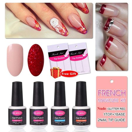 Gel Nail Polish Set CLAVUZ 2PCS Colours Soak Off with Top and Base Coat Pink Glitter Red French Nail Lacquers Nail Art Kit Long Lasting Manicure (Best Gel Polish For French Manicure)