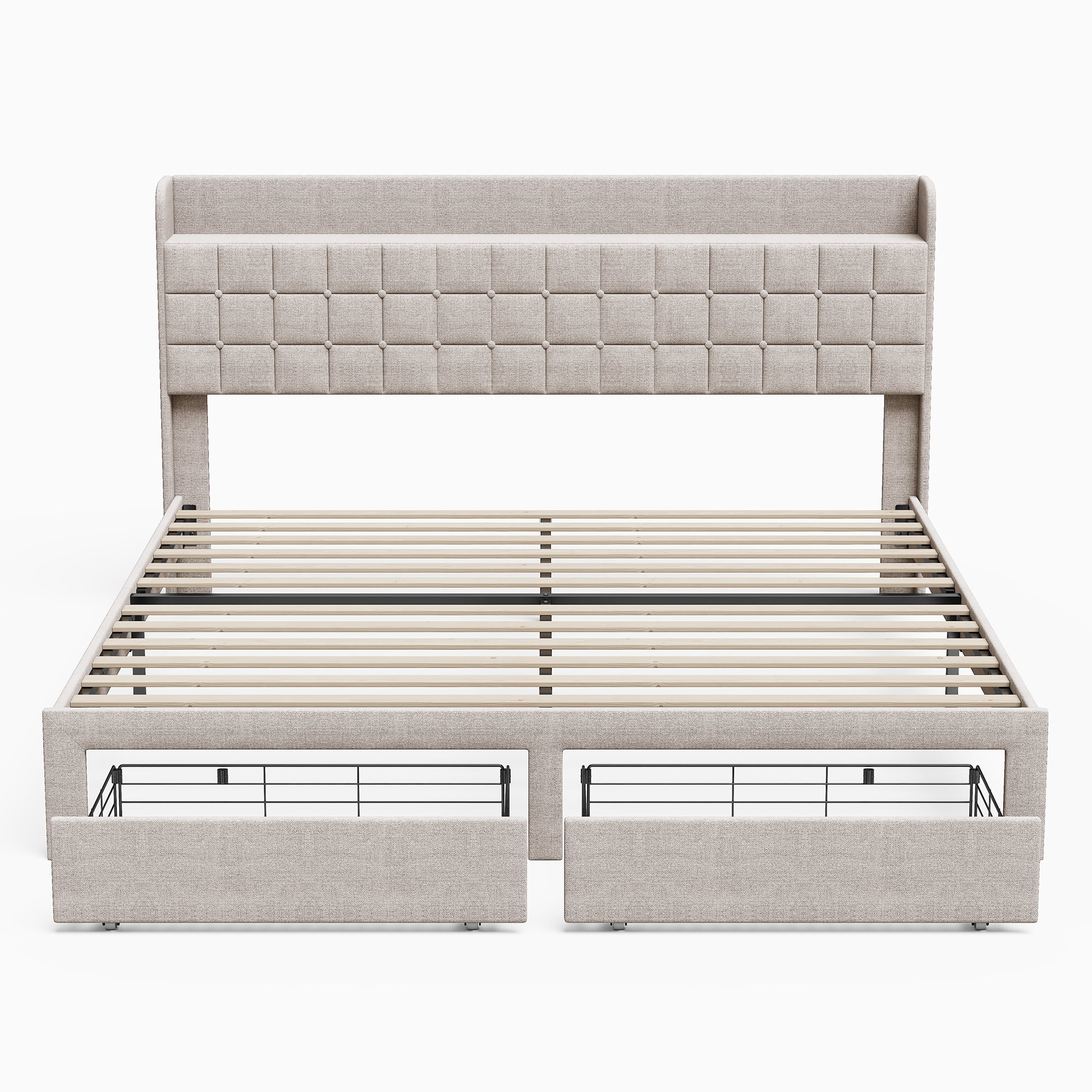EDX King Upholstered Platform Bed Frame with Storage Drawers and Fabric Headboard, Steel Support Frame, Beige
