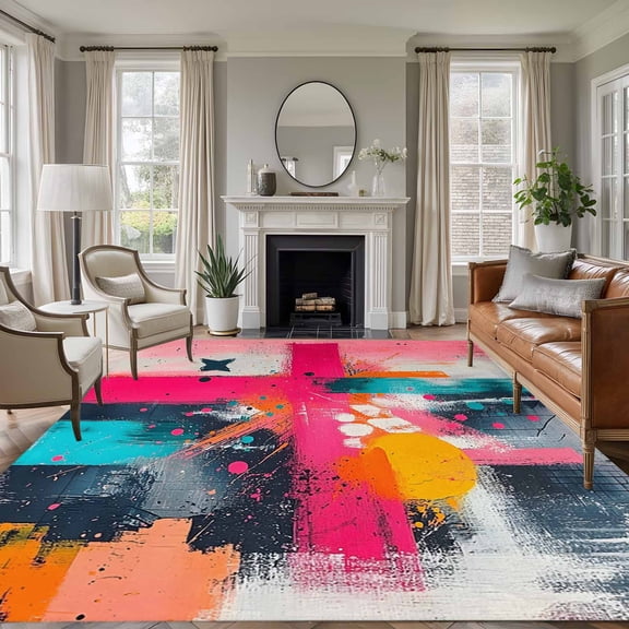 6'x9' Area Rugs, Pink Orange Black Indoor Outdoor Area Rug for Living Room Bedroom, Modern Oil Painting Contemporary Washable Bathroom Rugs Kitchen Floor Carpet Mats Home Decor Aesthetic