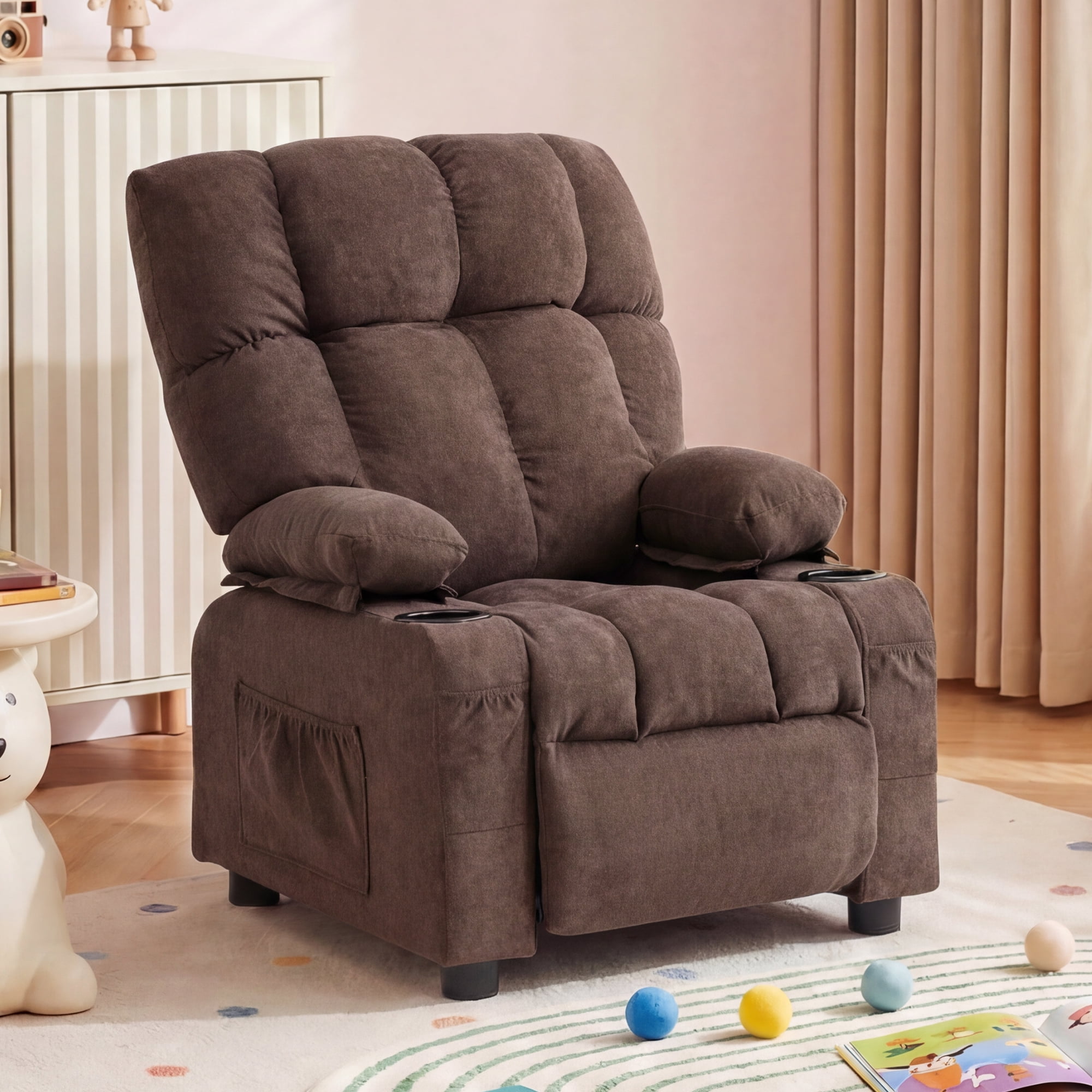 JONPONY Kids Recliner Chair,Push Back Toddler Recliner with Cup Holders & Side Pockets，Adjustable Footrest & Headrest Kids Sofa for Boys Girls 3+ Age Group，Children's Bedroom Furniture ，Brown
