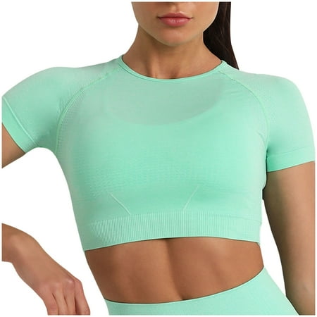 ZHAGHMIN Shirts for Women Trendy Summer Women S Solid Color Yoga Tops Compression Slim Fit Fitness Shirts Stretch Running Sports Bra Cropped Top Green SizeM