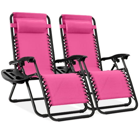 Best Choice Products Set Of 2 Zero Gravity Lounge Chair Recliners For Patio, Pool W/ Cup Holder Tray - Hot Pink/Black