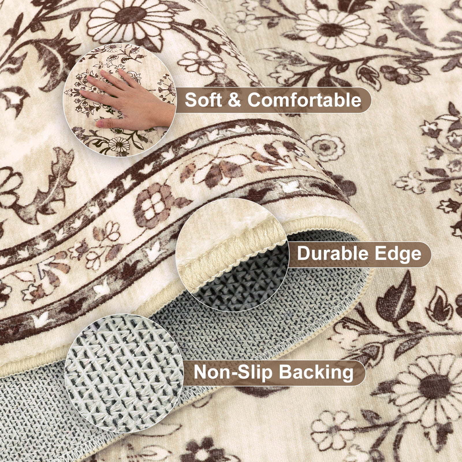 MJIAexp 2'x12' Boho Runner Rug,Non Slip Washable Floral Hallway Runner Rug with Rubber Backing, Low Pile Faux Wool Distressed Carpet for Kitchen, Laundry, Bedroom, Entrance,Brown