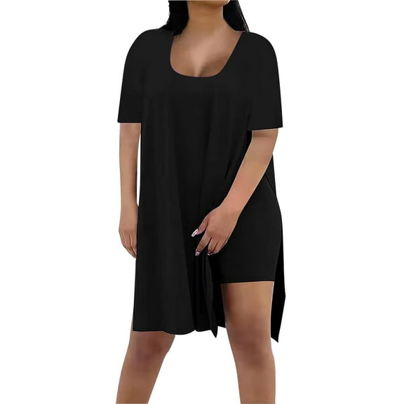 Pyhlmscde Lounge Sets for Women, Women Plus Size 2 Piece Outfits Short Sleeve Tunic Slit Tops Skinny Biker Shorts Sets Tracksuits, Two Piece Sets for Women Summer Black L