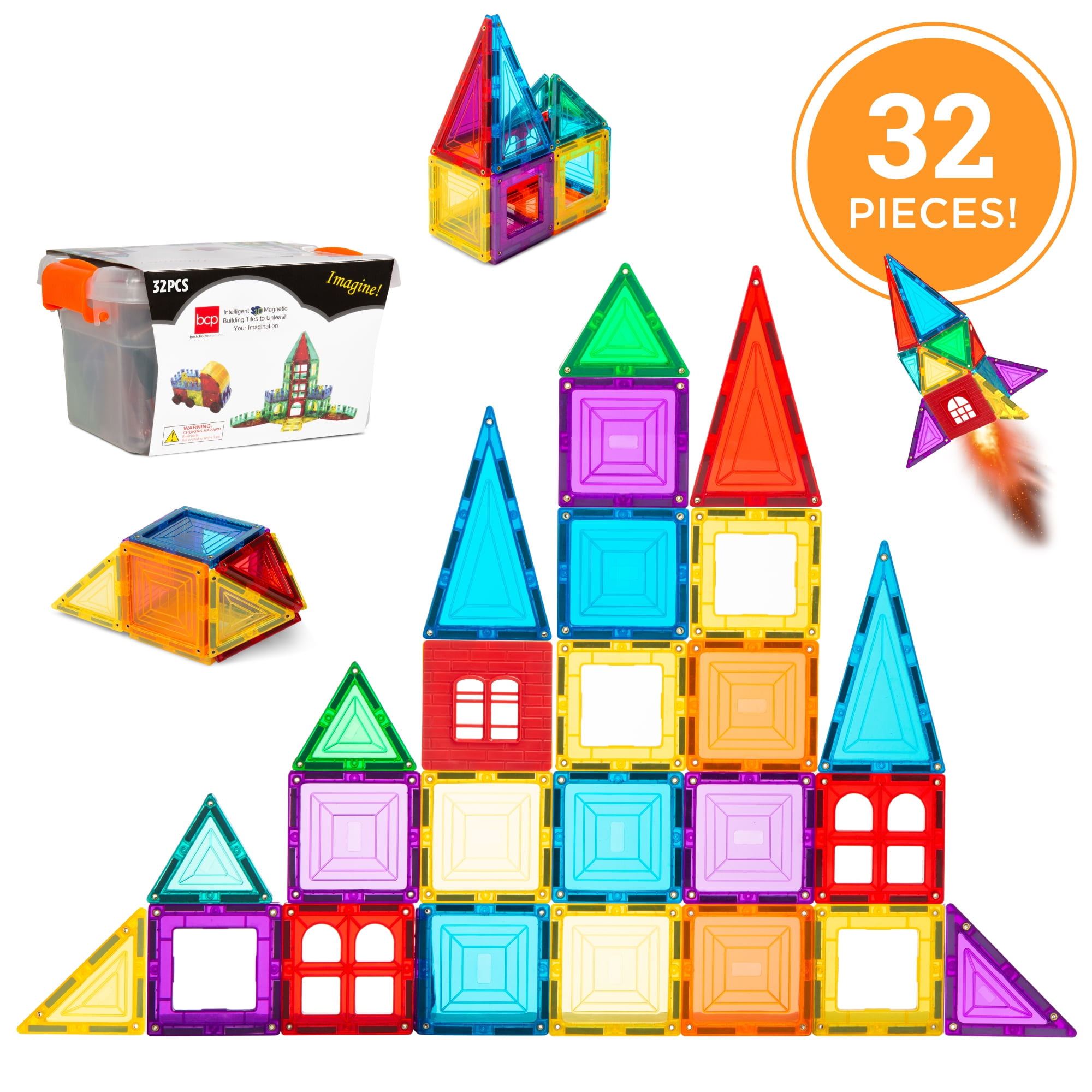 Creative and Motor Skill Development w/ Wagon and Carrying Case Multi Best Choice Products 100-Piece Transparent Rainbow Magnetic Building Geometric Tiles for Fun Learning 