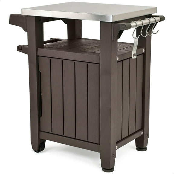 Keter Unity 40 Gal Patio Storage Grilling Bar Cart w/ Stainless Steel Top, Brown