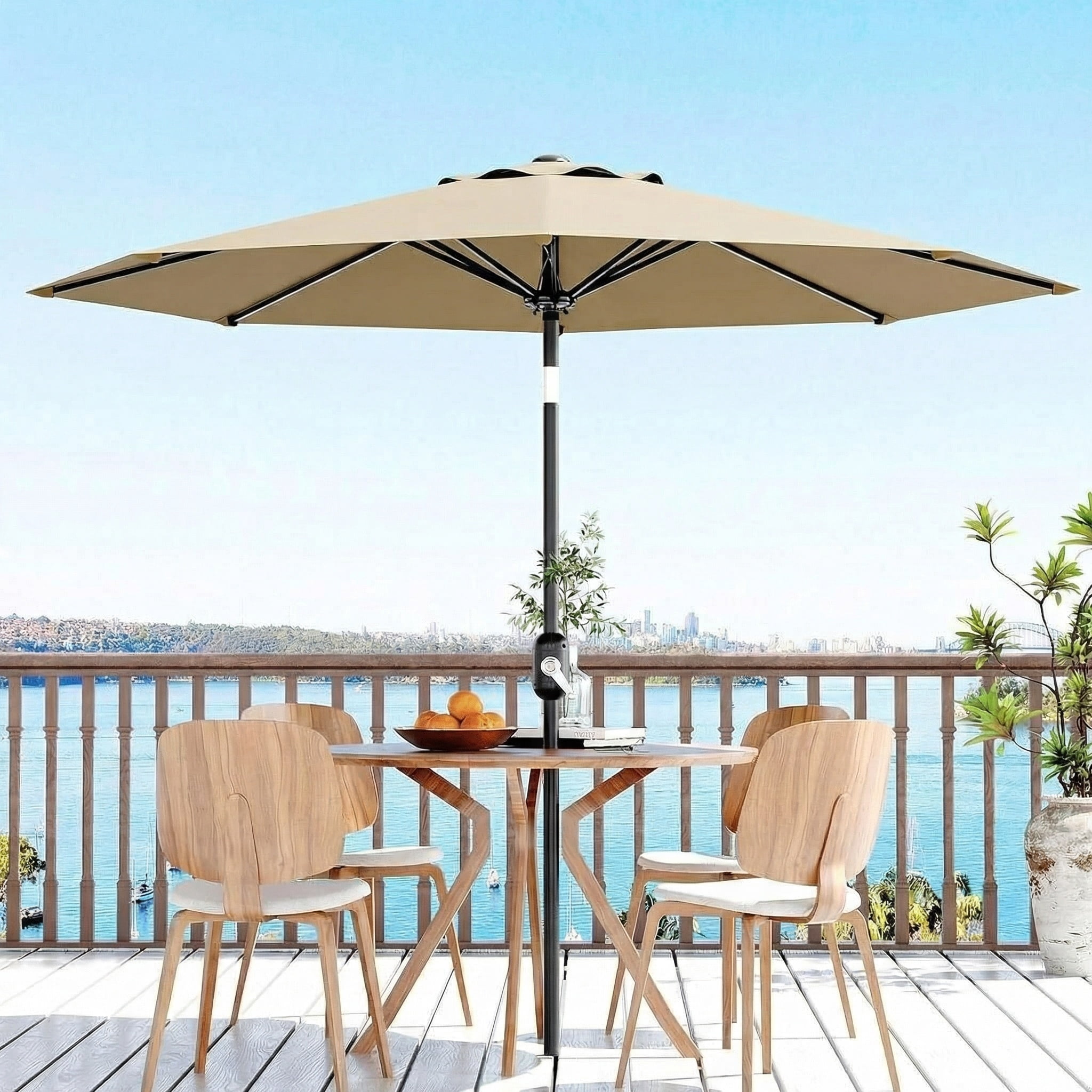 10 ft Patio Umbrella,8 Ribs Outdoor Market Table Umbrella with Crank Lift Push Button Tilt,Tan