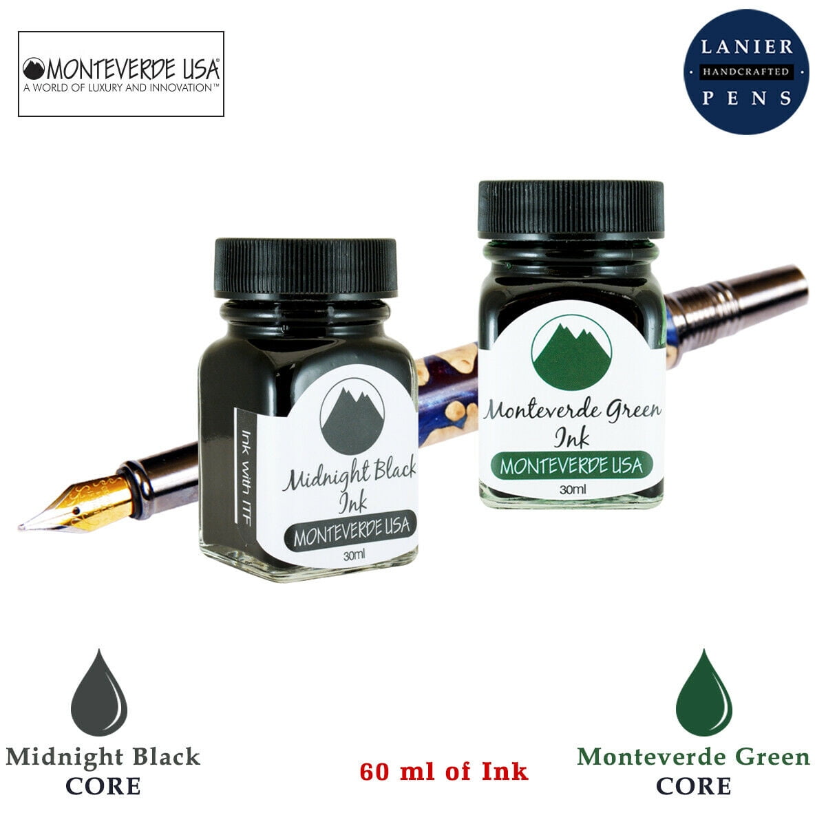 Monteverde 60ml Core Fountain Pen Ink Bottle (30ml Midnight Black Ink Bottle G309MB, 30ml Monteverde Green Ink Bottle G309MG)