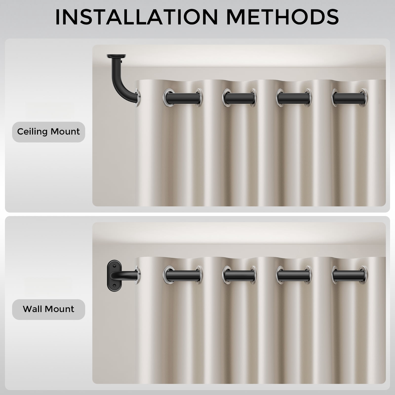 OLV 1" Diameter Adjustable Wrap Around Curtain Rods 66-120" heavy duty,Black