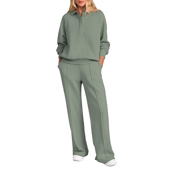 YDSLJYZ  Women Fall 2 Piece Outfits Sweatsuits Quarter Button Long Sleeve Sweatshirt Wide Leg Pants Tracksuit Lounge Sets